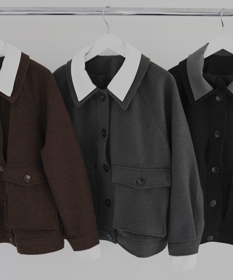 レーヤード風バイカラーネックフェイクウールジャケット