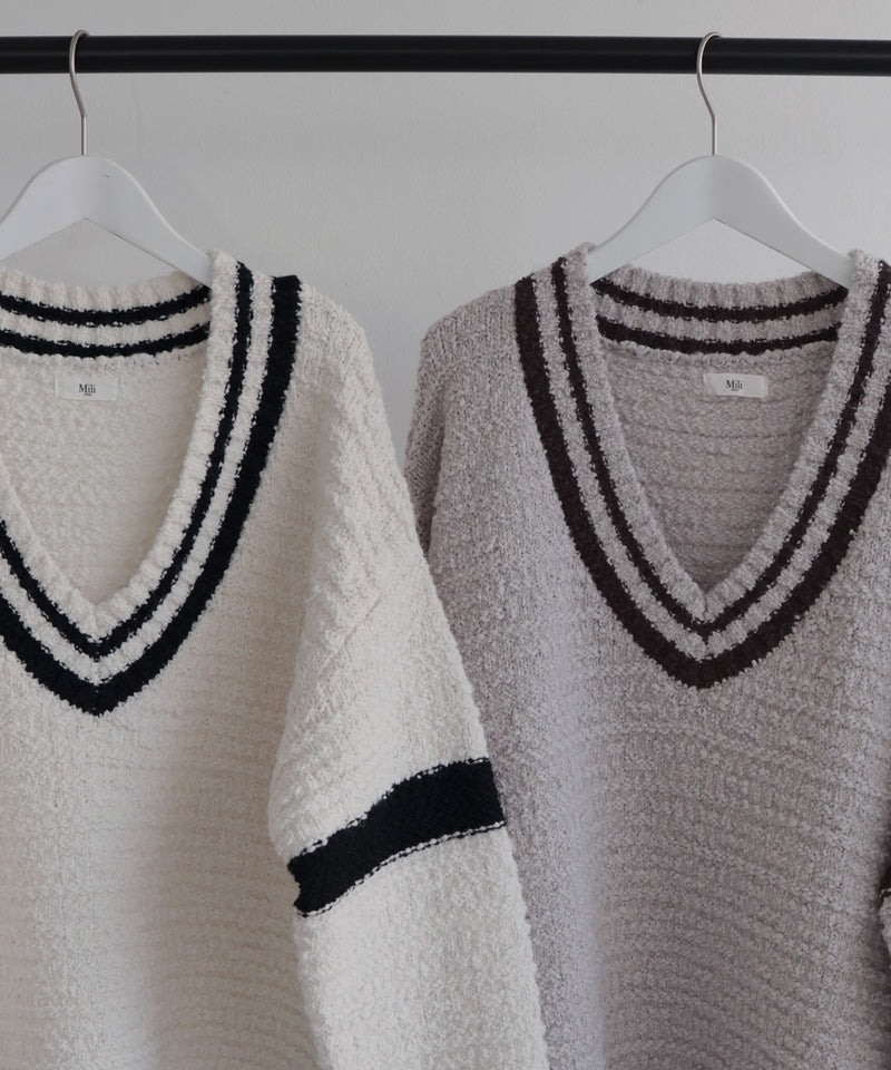 オーバーサイズVネックバイカラーラインニット