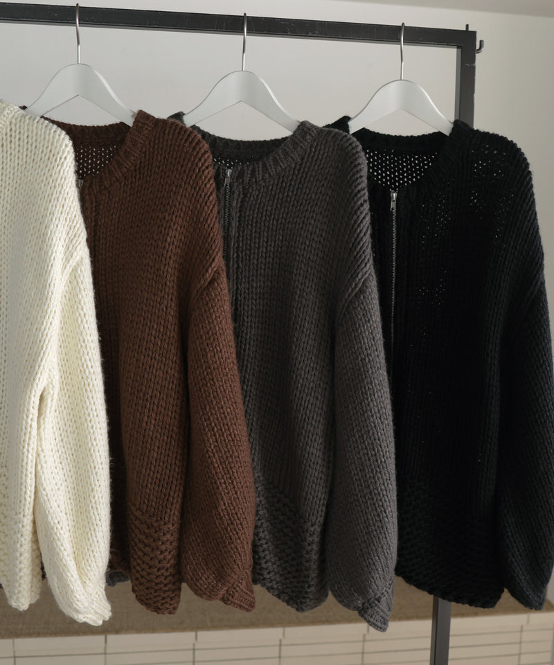 【10月中旬お届け商品】手編み風ダブルジップルーズニットカーディガン