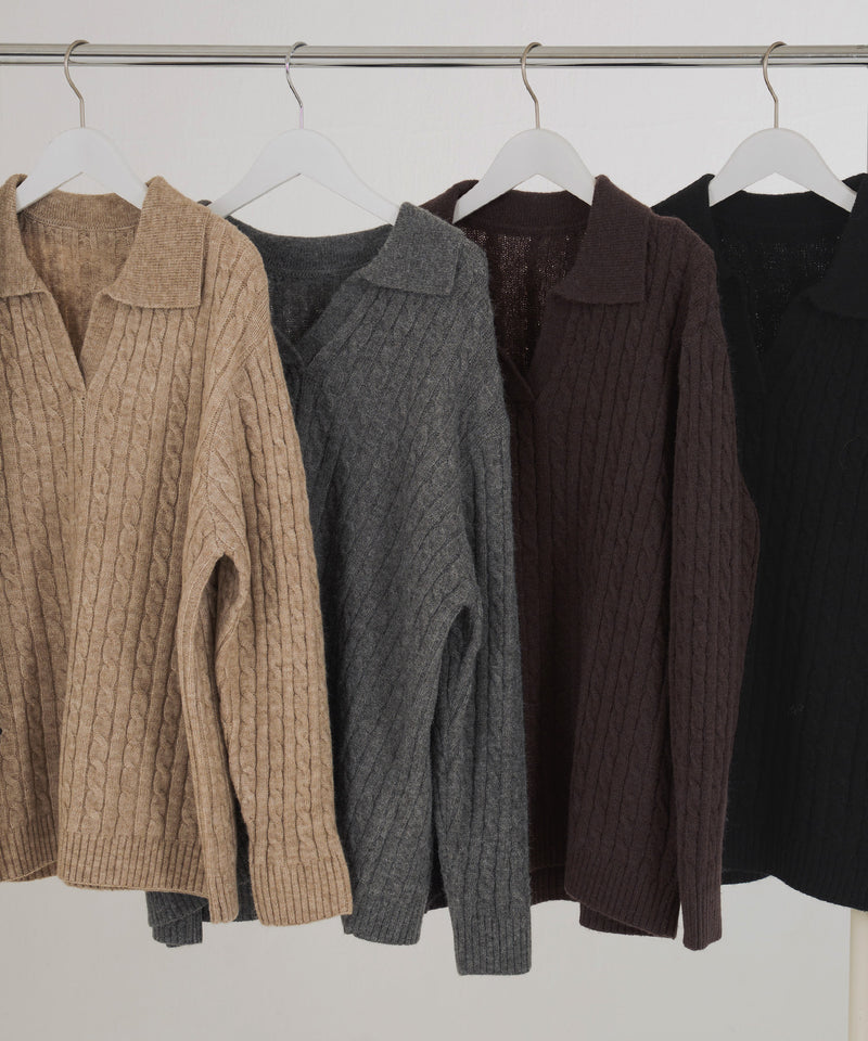 ケーブル編みニットセットアップ/Vネックポロ襟ニットトップス×ショートニットパンツ