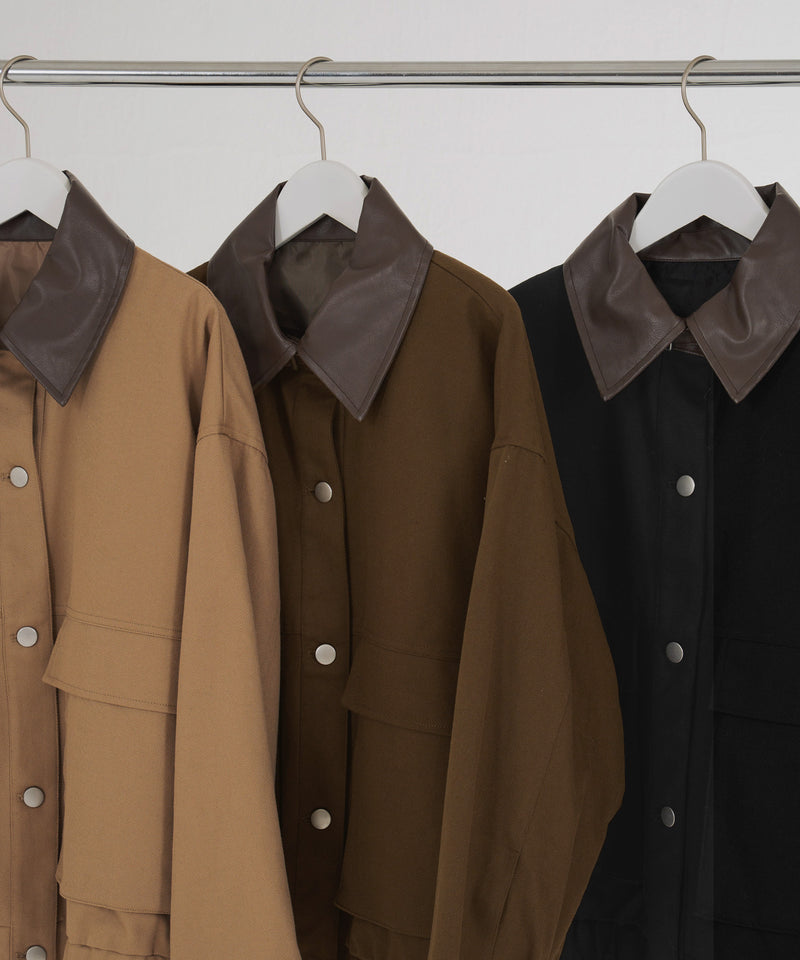 フェイクレザー切り替えバイカラーワークジャケット