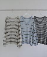 オーバーサイズVネックボーダーニット