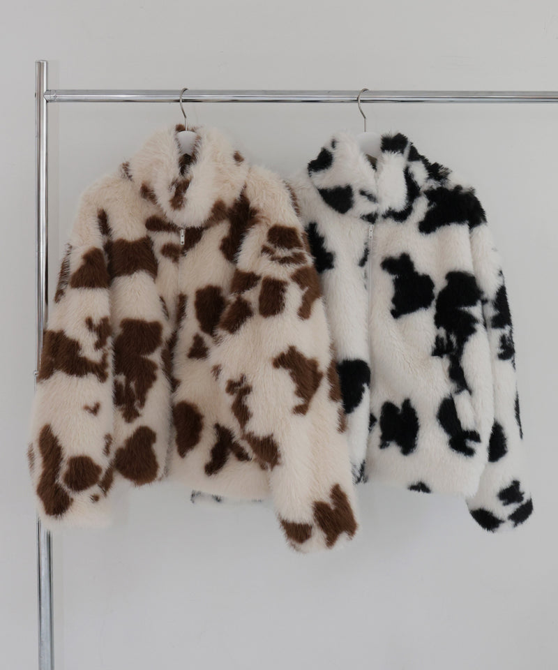 カウ柄フェイクファーダブルジップジャケット